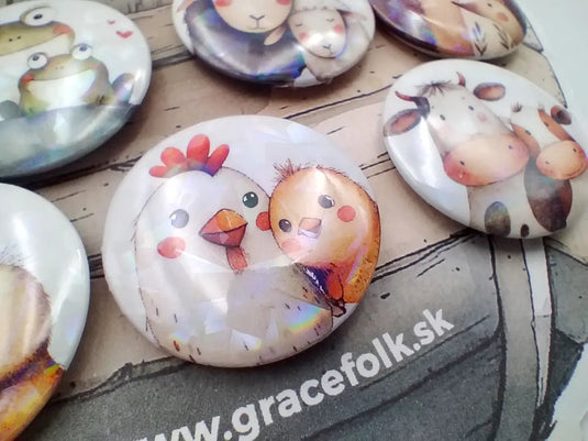 Detské odznaky Noemova archa – sada 7 odznakov so zvieratkami z farmy alebo zo zoo (32 mm) - Gracefolk