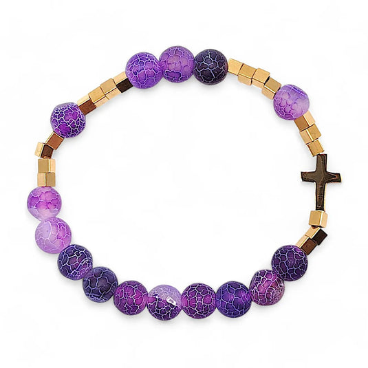 Fialový ružencový náramok s ľadovým achátom a nerezovým krížikom - Gracefolk