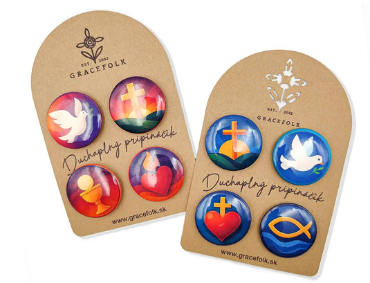 Kresťanské odznaky – sada 4 farebných odznakov so symbolmi viery - Gracefolk