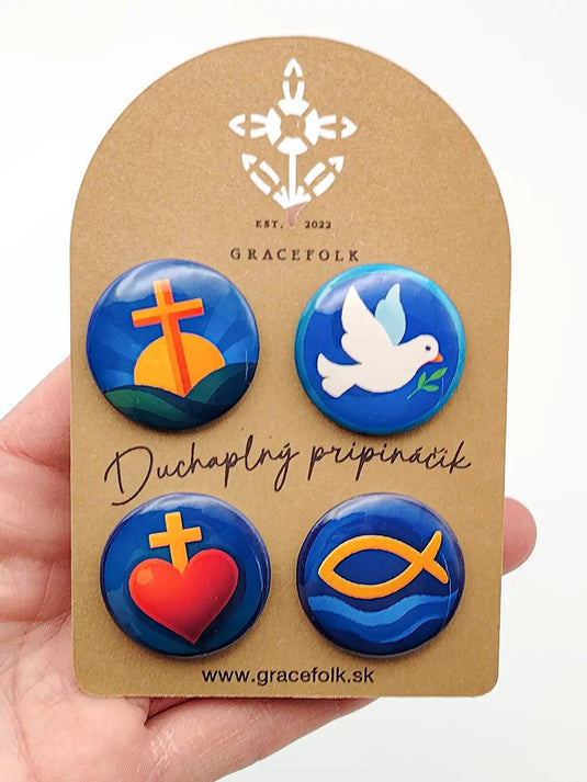 Kresťanské odznaky – sada 4 farebných odznakov so symbolmi viery - Gracefolk