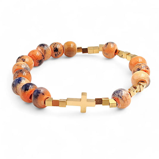 Náramok z oranžovej keramiky s nerezovým krížikom - Gracefolk